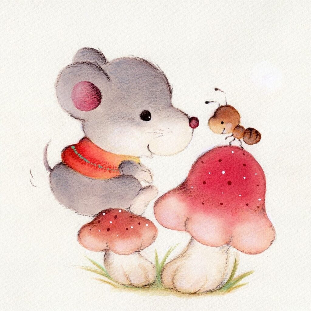 灰色のネズミが赤いベストを着て、赤い傘のキノコのそばに座っているイラストです。大きなキノコの上には小さなアリがいて、ネズミと楽しそうに向かい合っています。背景は白く、柔らかいタッチの水彩風で描かれています。