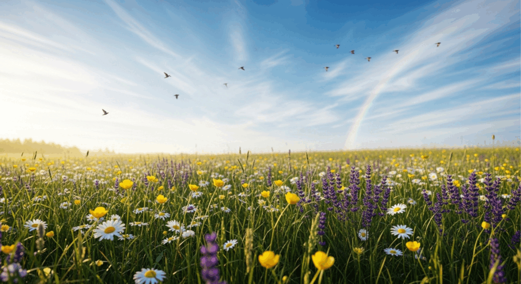 青空の下に広がる花畑の風景。黄色や白、紫の野花が一面に咲き、遠くの空には虹がかかっている。数羽の鳥が飛び、穏やかな光に包まれた春または初夏の情景。
