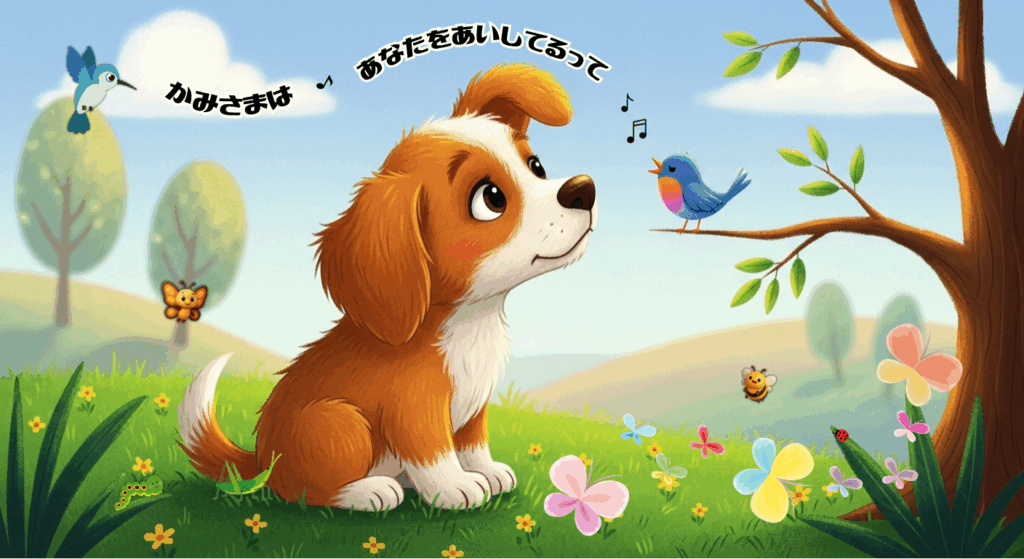 明るい草原で、茶白の子犬が木の枝の青い小鳥を見上げ、片耳を上げてその歌に聞き入っている。小鳥は「かみさまは あなたをあいしてるって」と歌っており、まわりではハチドリやチョウ、ハチ、てんとう虫、イモムシ、バッタたちも静かにその歌を聞いている。穏やかであたたかい雰囲気のイラスト。