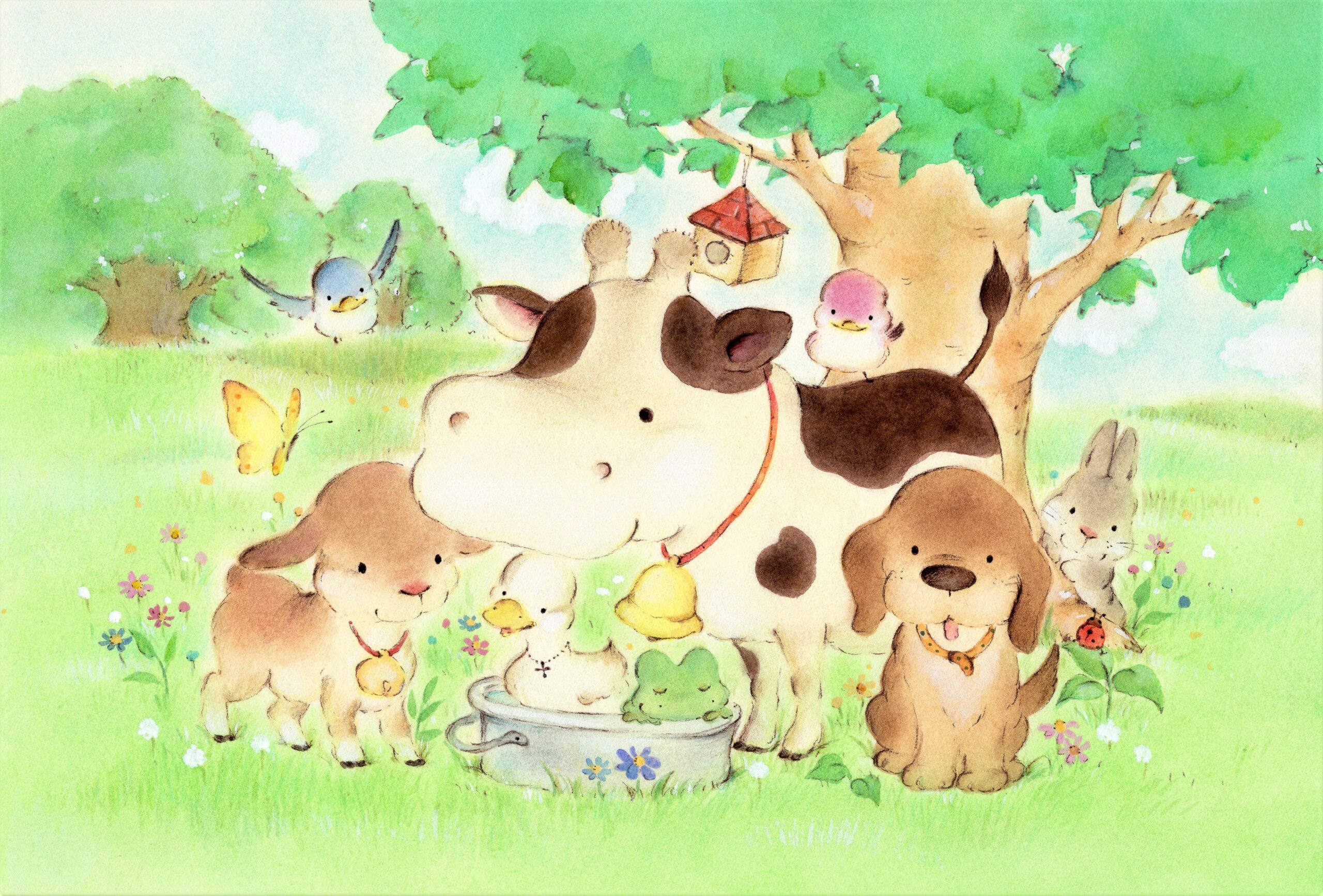 春の草原で牛や犬、うさぎ、小鳥たちが仲良く集まり、水桶のまわりで過ごしているやさしいタッチのイラスト