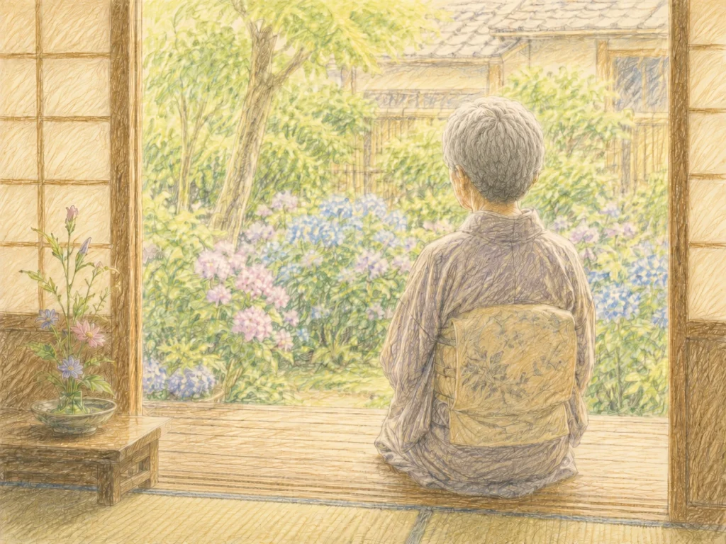 日本家屋の縁側に座り、色とりどりの花が咲く庭を静かに眺める着物姿の高齢女性を描いた淡い色調のイラスト
